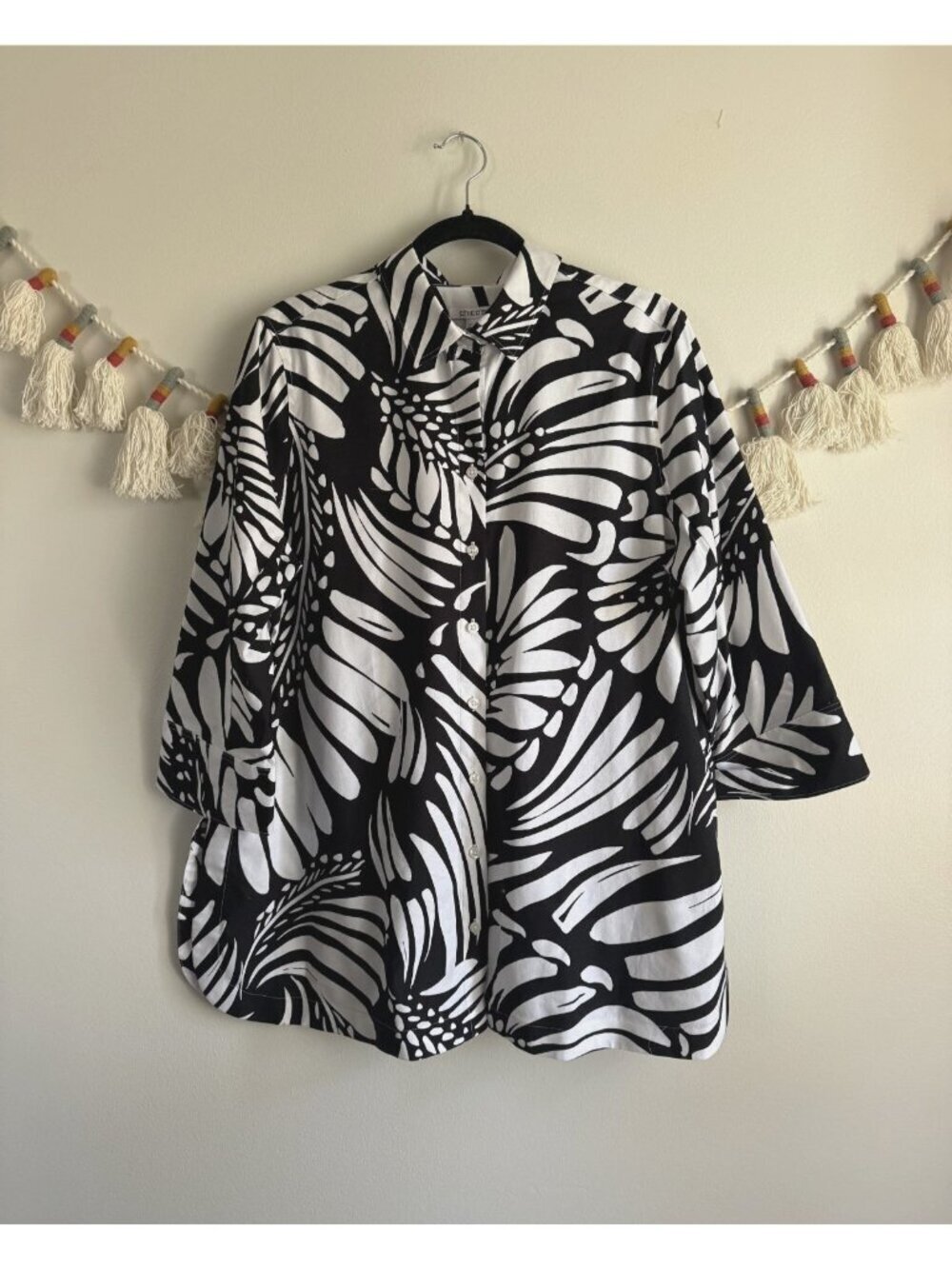 Chico's No Iron Printed Palms Button Down 3/4 Sleeve Tunic Top Peasant Modest 12